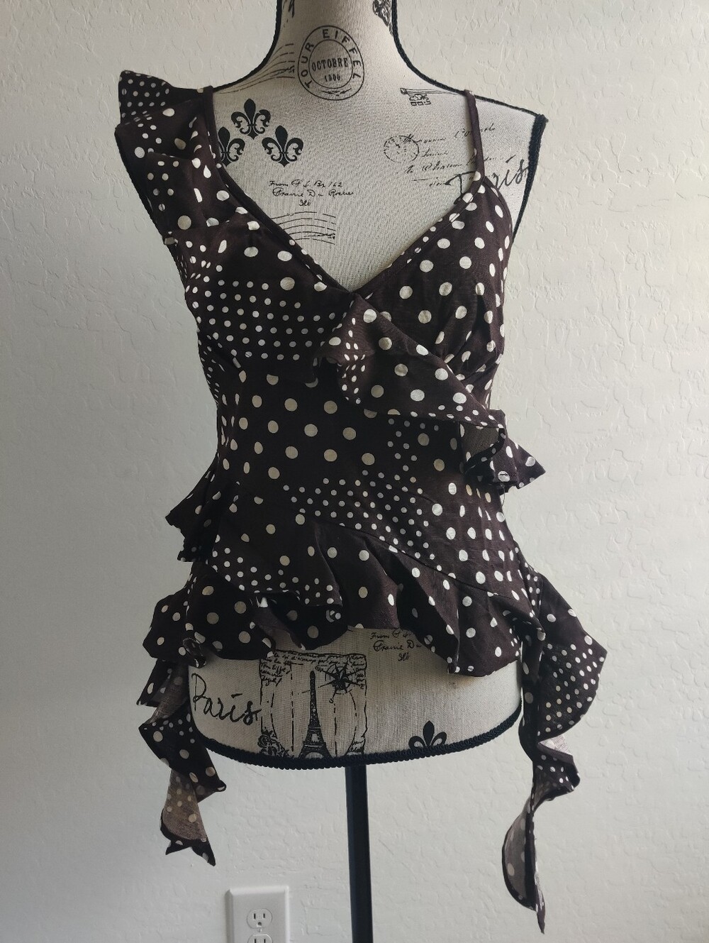 🆕Style Envy Brown & White Polka Dot Ruffle Wrap Asymmetric Linen-blend Cami_S/L